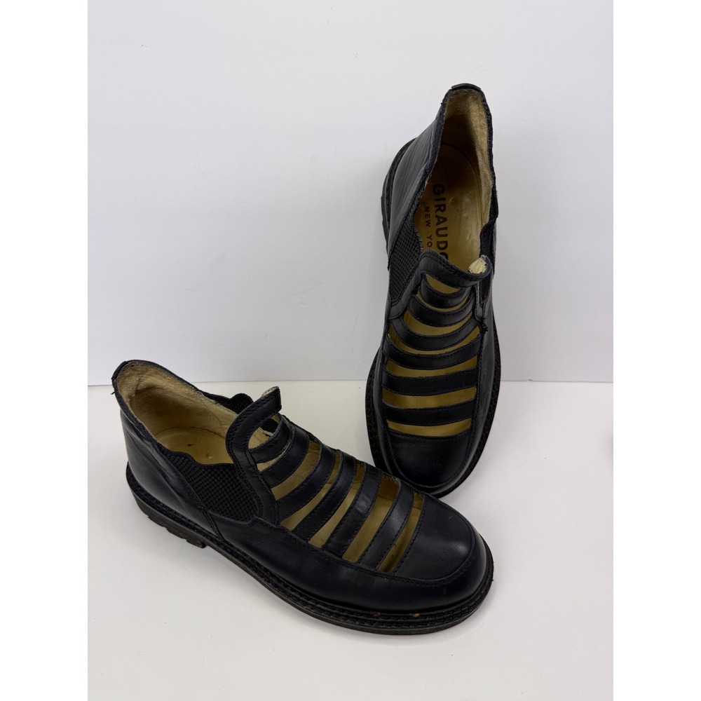 Giraudon New York Black Leather Cage Cutout Lug Sole Shoes Booties Round Toe